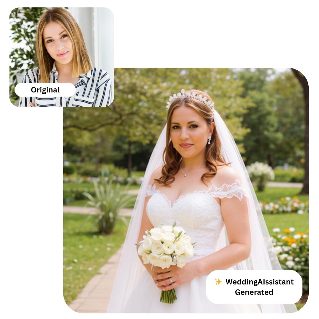 Before and after example using Wedding AI to decorate an empty venue into a beautiful wedding celebration setup.