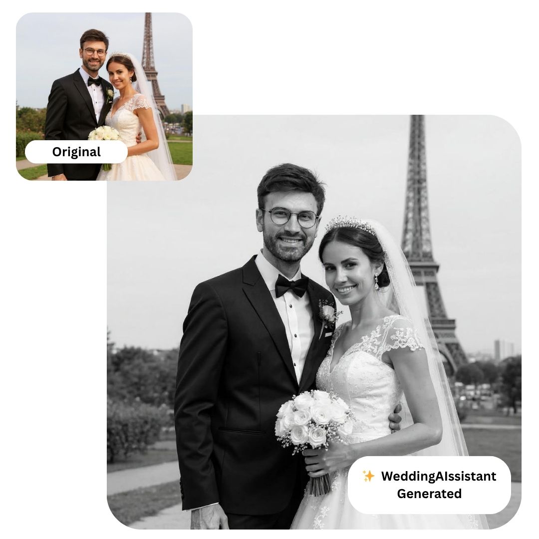 Wedding AI dress try-on example where the uploaded photo of a woman is transformed into a stunning bridal look.